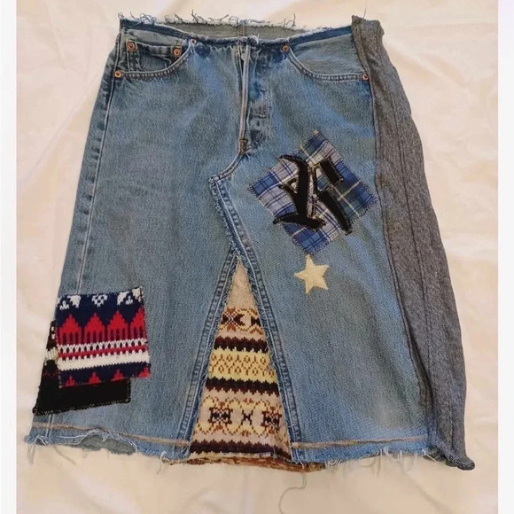 Riley Upcycled  Patchwork Denim Midi Skirt Size Small - Picture 2 of 9